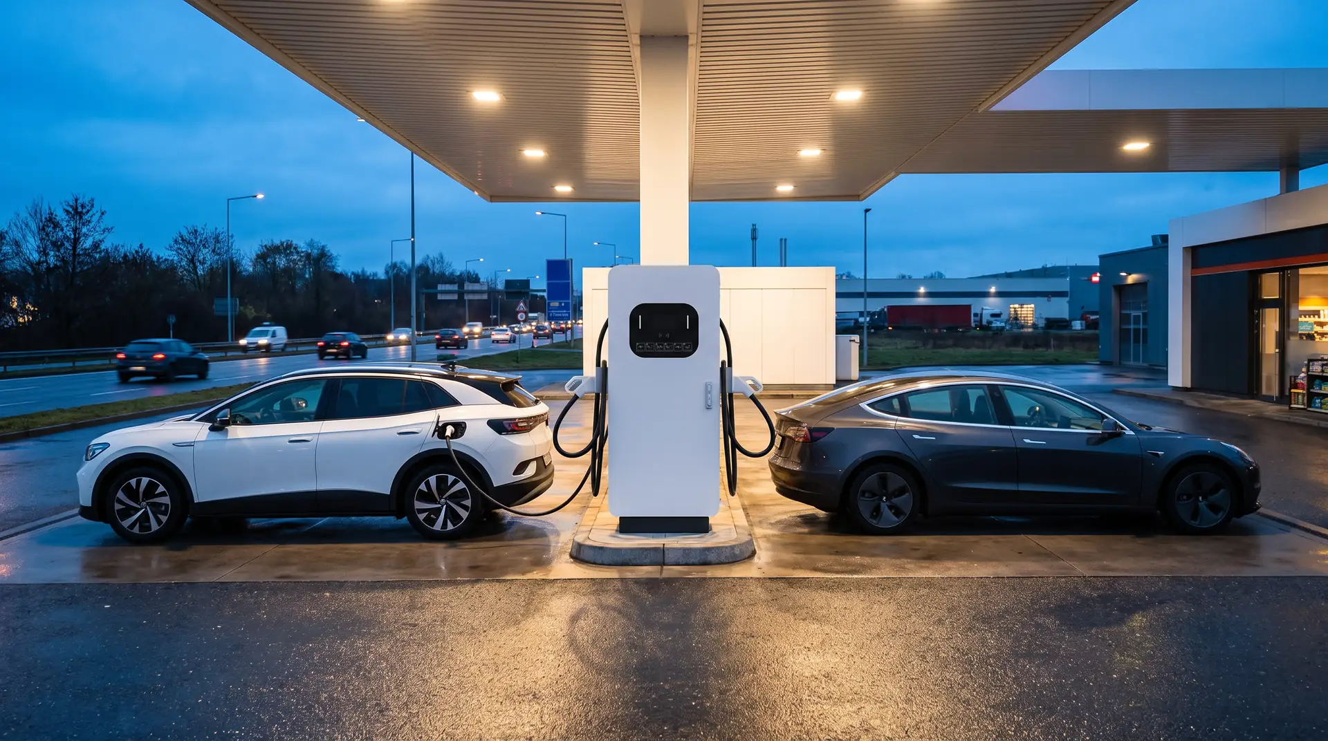 Быстрая зарядная станция Ampera Titan на АЗС, два электромобиля заряжаются