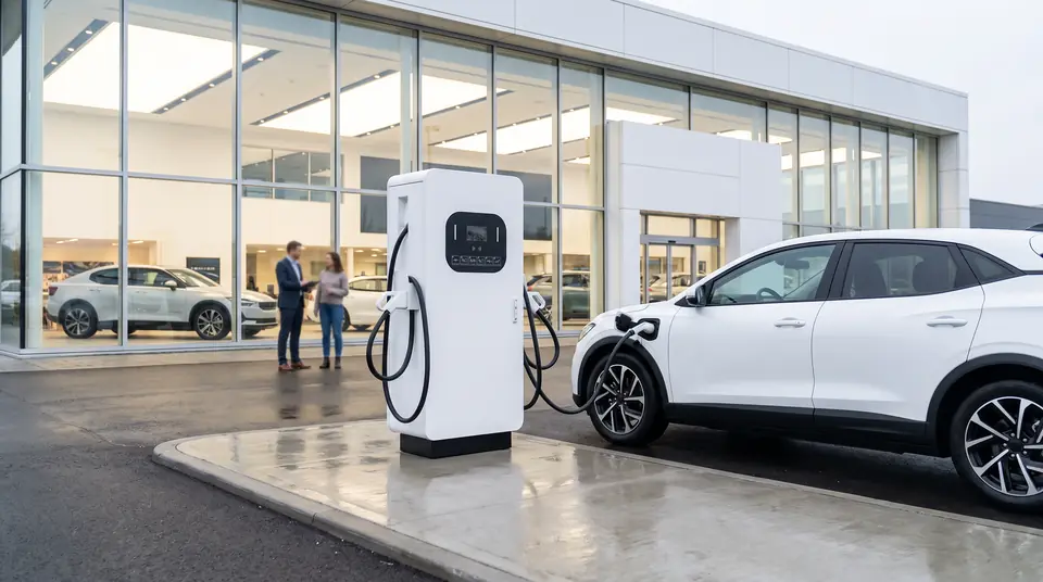 Быстрая зарядная станция Ampera Titan перед автосалоном