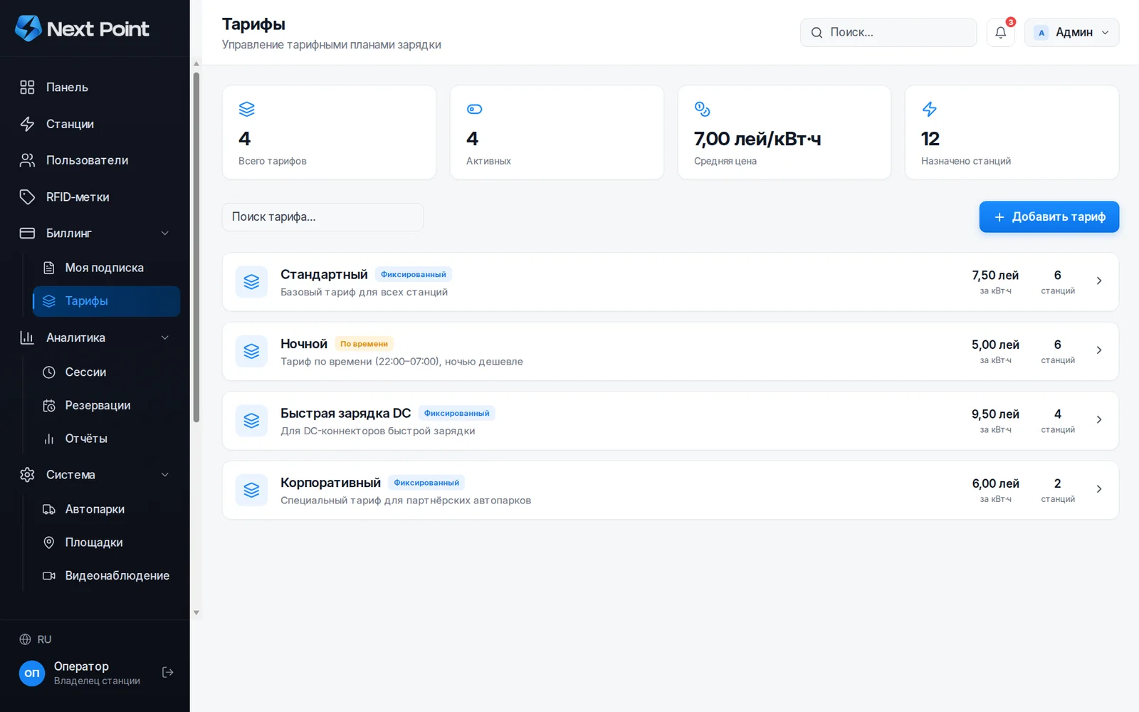 Тарифы в леях за кВт·ч в NextPoint, включая ночной