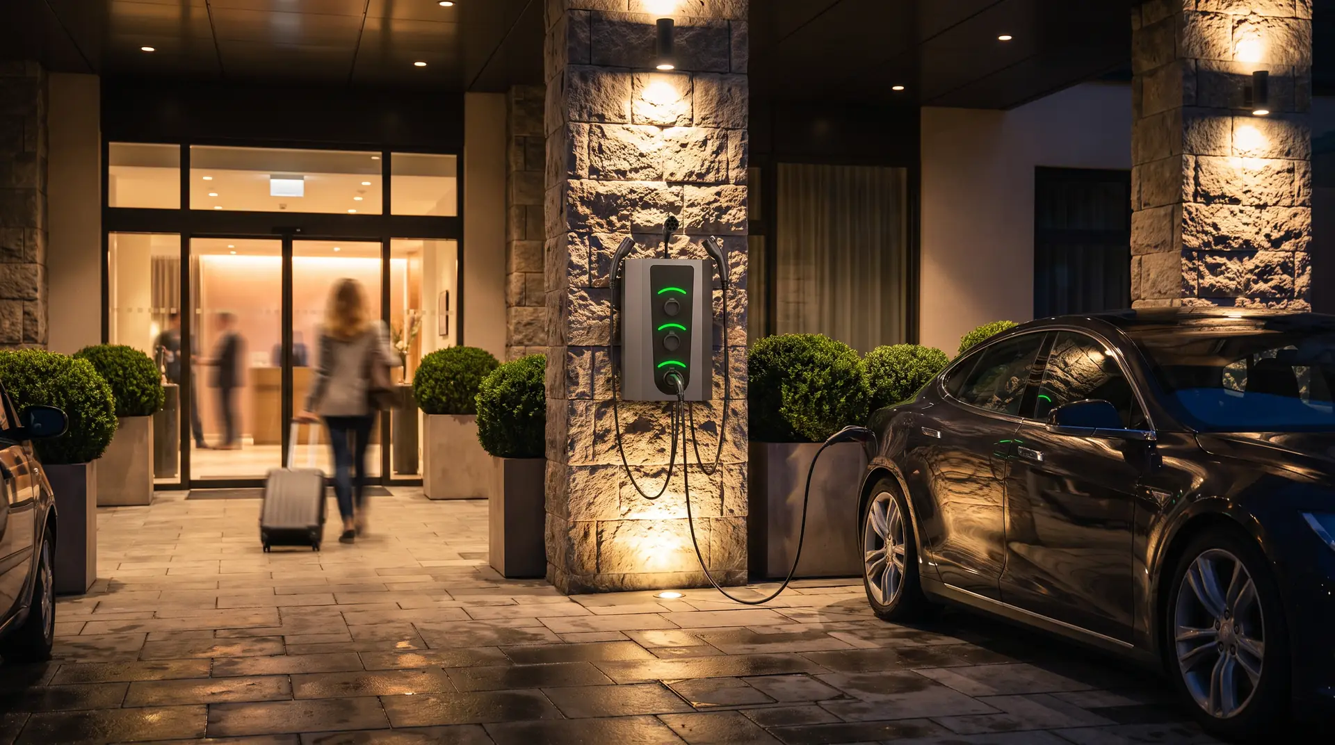 Stație de încărcare Octa la intrarea unui hotel, mașină electrică la încărcare peste noapte