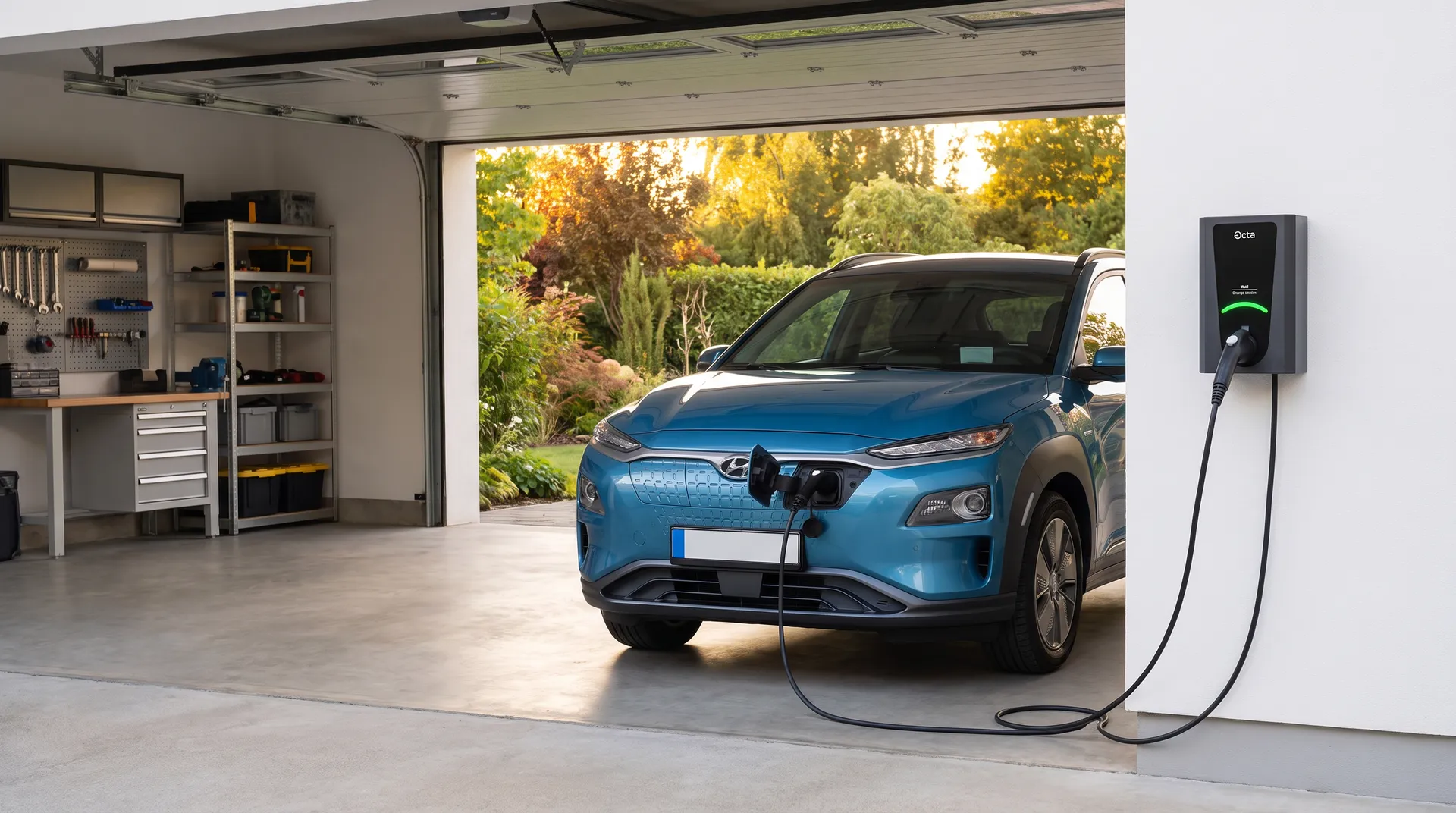 Hyundai Kona Electric заряжается от настенной домашней станции Octa Wall