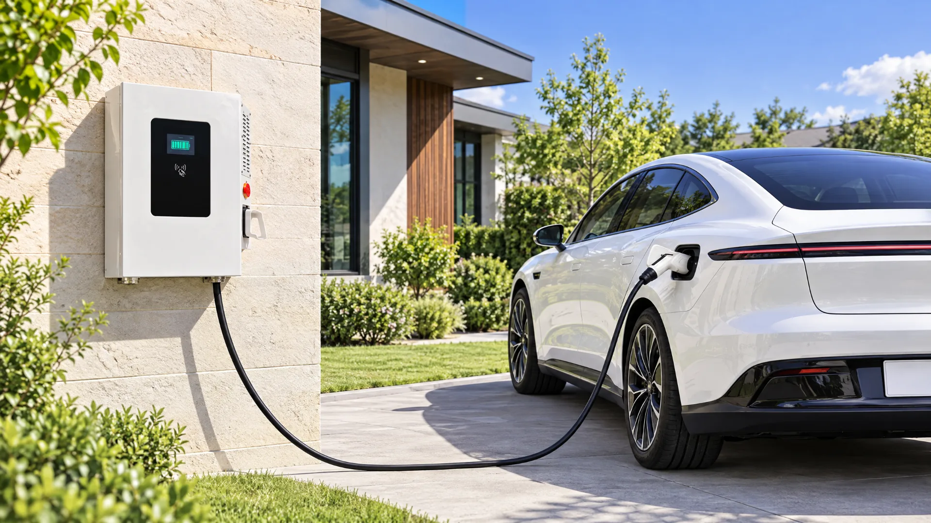 Ampera Nova на фасаді приватного будинку заряджає білий електромобіль