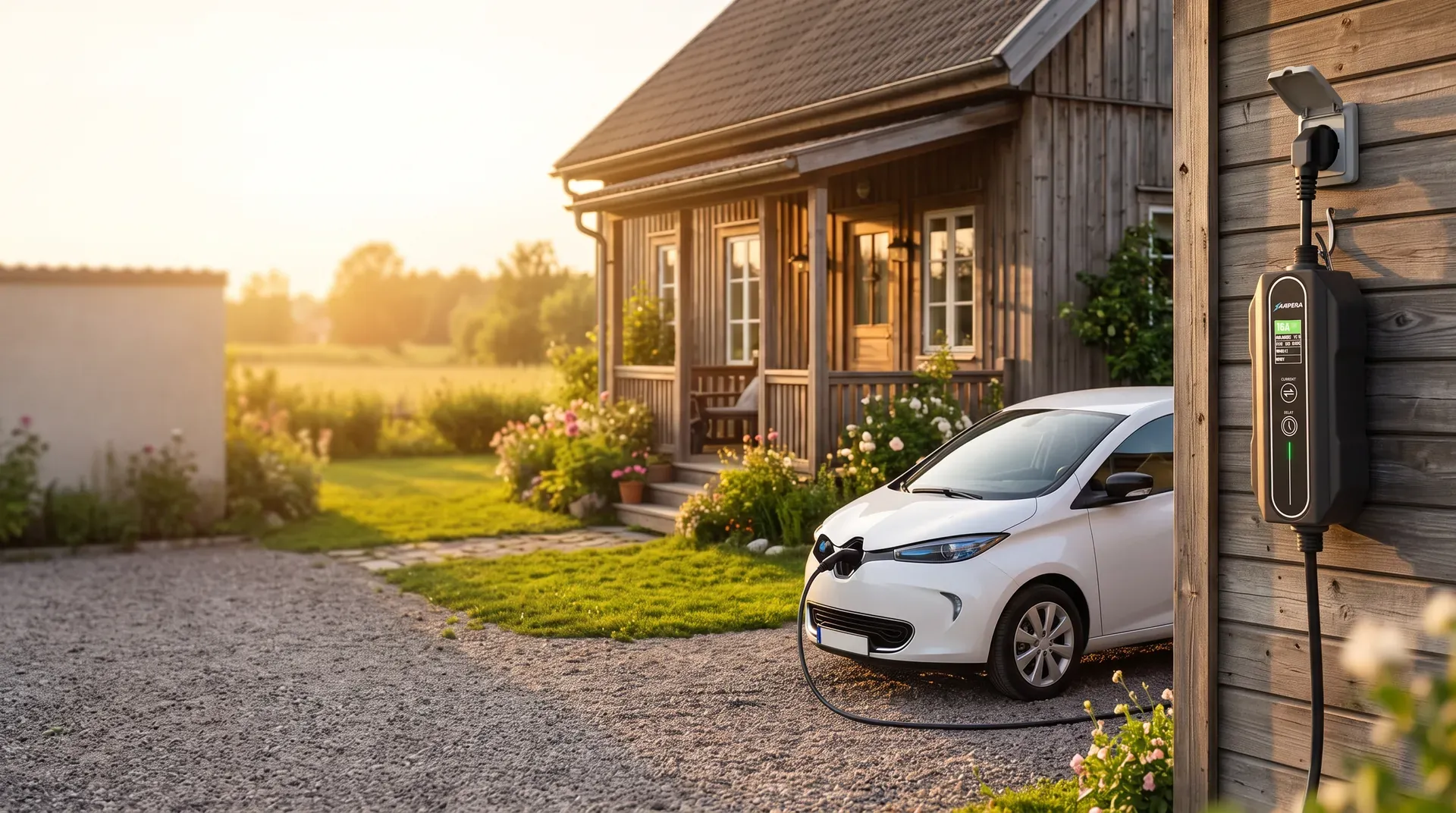 Ampera Smart 16A на стіні дачного будинку: вилка Schuko у звичайній розетці, кабель до електромобіля