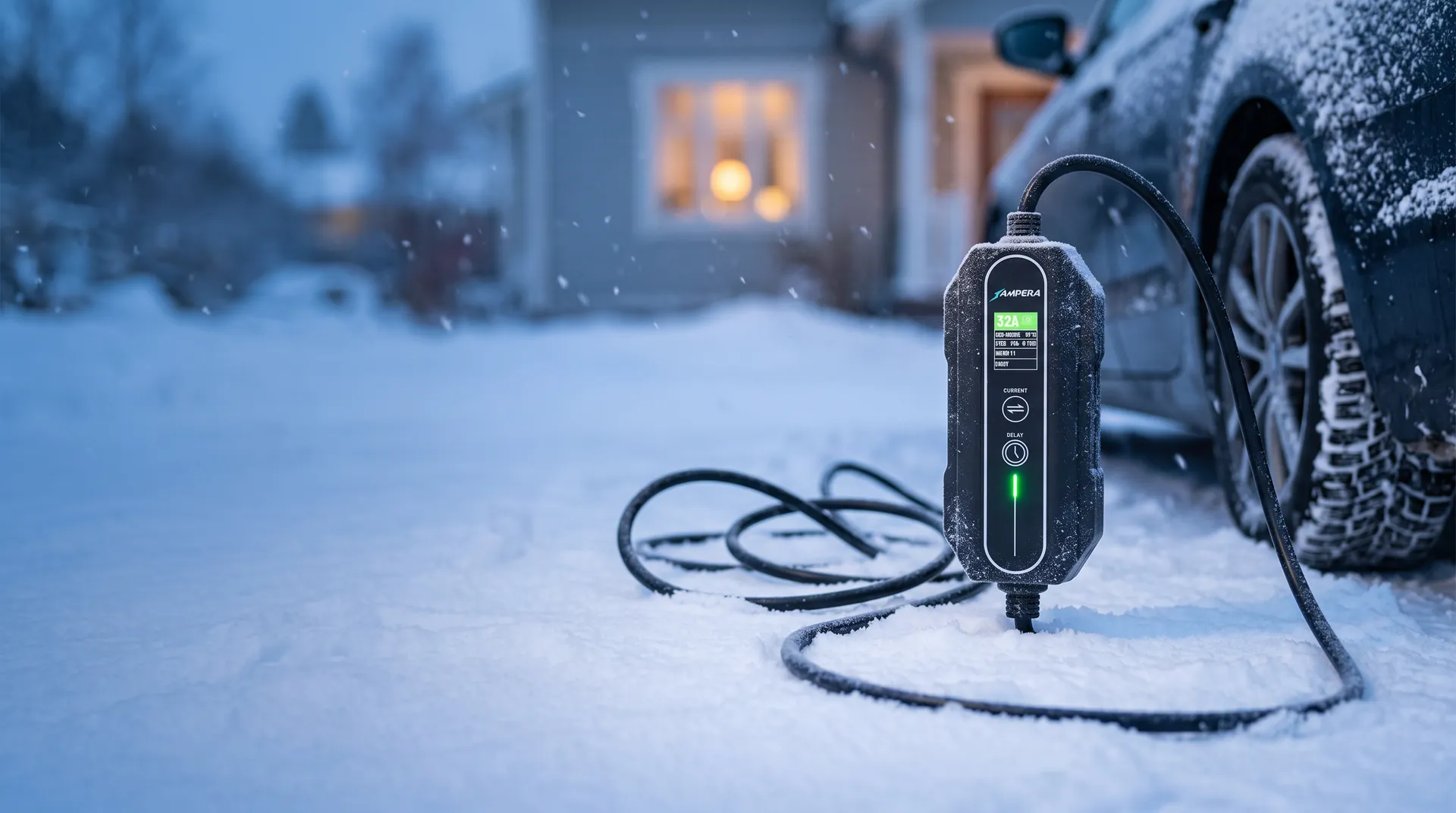 Ampera Smart стоїть на снігу біля електромобіля, кабель лежить м’якими петлями