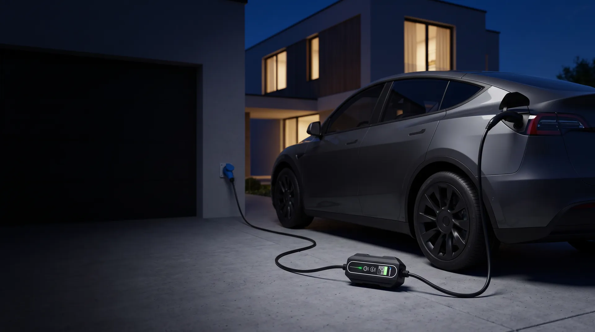 Ampera Smart заряджає електромобіль уночі біля гаража