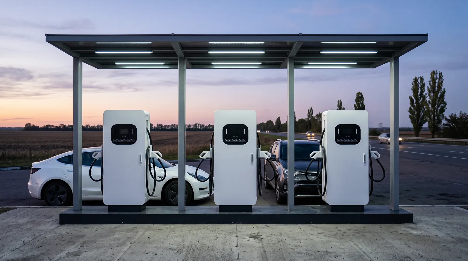 Зарядні станції Ampera Titan під навісом біля траси