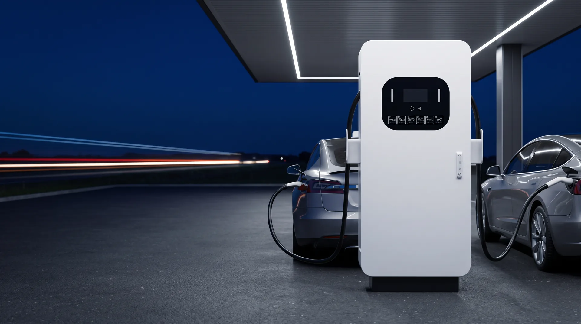 Ampera Titan 360 заряжает два авто на трассовой зоне отдыха ночью